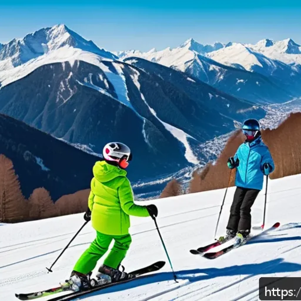 스키 전문가 코스 난이도 - A vibrant ski resort scene in the Italian Alps during a sunny winter day, showcasing a variety of sk...