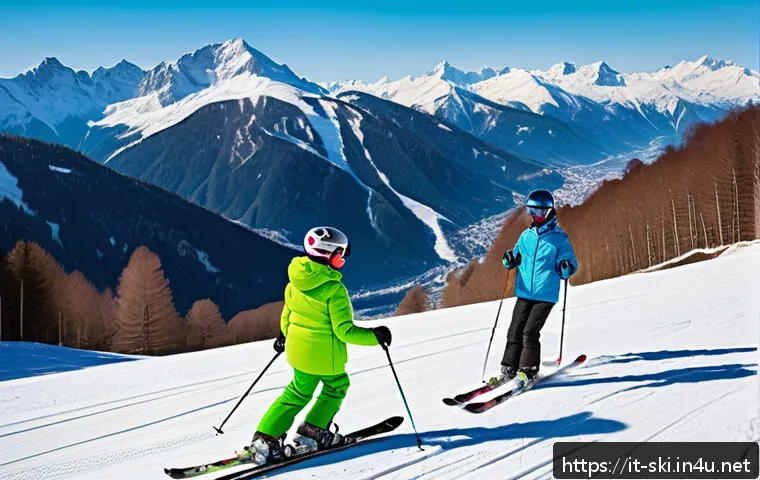 스키 전문가 코스 난이도 - A vibrant ski resort scene in the Italian Alps during a sunny winter day, showcasing a variety of sk...
