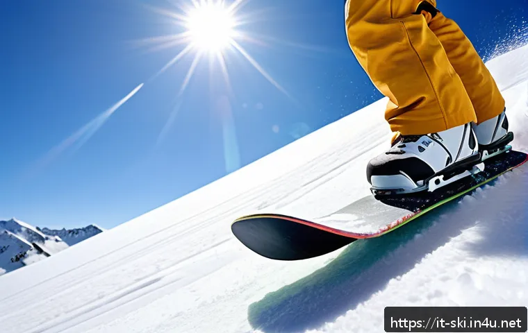스노우보드 턴 기초 연습 - A detailed scene of a snowboarder executing a smooth, fluid curve on a snowy mountain slope during d...