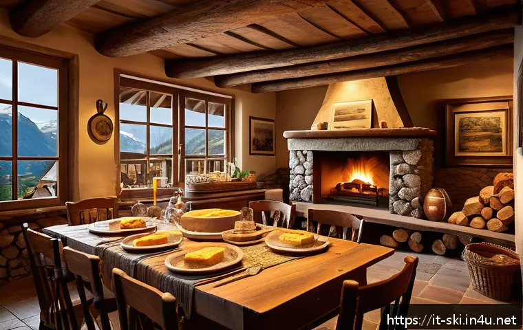 스키장 주변 맛집 추천 - Cozy traditional alpine refuge interior with warm wooden furniture, a glowing fireplace, and rustic ...