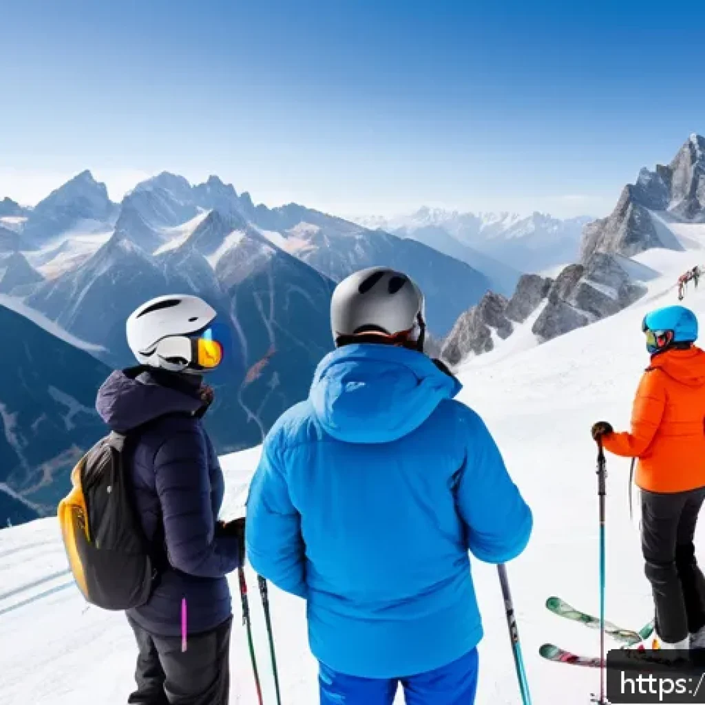 스키장 스키 스쿨 후기 - A group of beginner skiers wearing colorful, modern ski gear and helmets, attentively listening to a...