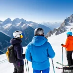 스키장 스키 스쿨 후기 - A group of beginner skiers wearing colorful, modern ski gear and helmets, attentively listening to a...