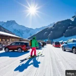 스키장 주차 요령 - A bustling Italian ski resort parking lot in the early morning light, showing a mix of cars parked n...