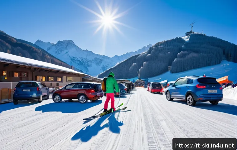 스키장 주차 요령 - A bustling Italian ski resort parking lot in the early morning light, showing a mix of cars parked n...