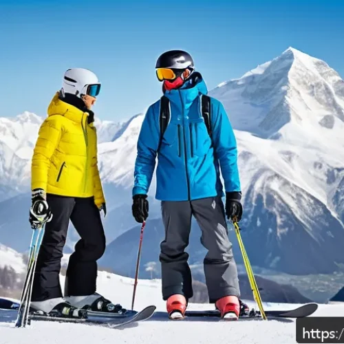 스키와 보드의 차이 - A vivid winter mountain scene showing two athletes preparing for their day on the slopes: one dresse...