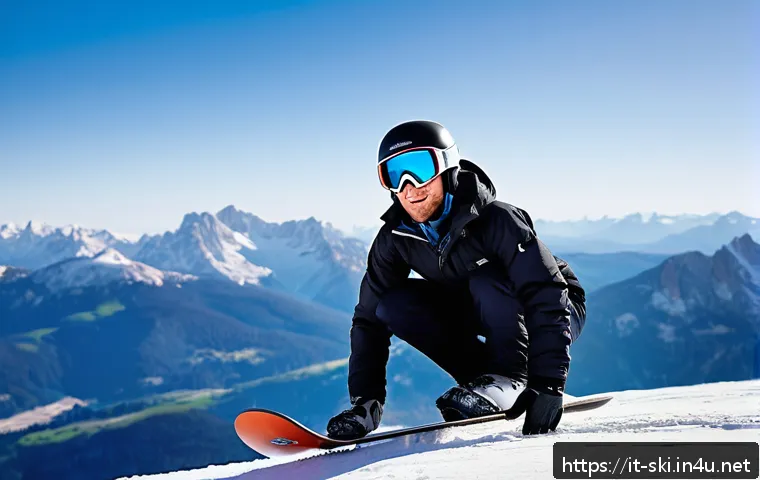 스노우보드 초보 강사 팁 - A beginner snowboarder on a gentle slope in Cortina d’Ampezzo, wearing a twin tip snowboard that rea...