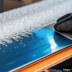 스노우보드 날 보호법 - A detailed close-up of a snowboard edge being carefully cleaned with a soft cloth and a specialized ...
