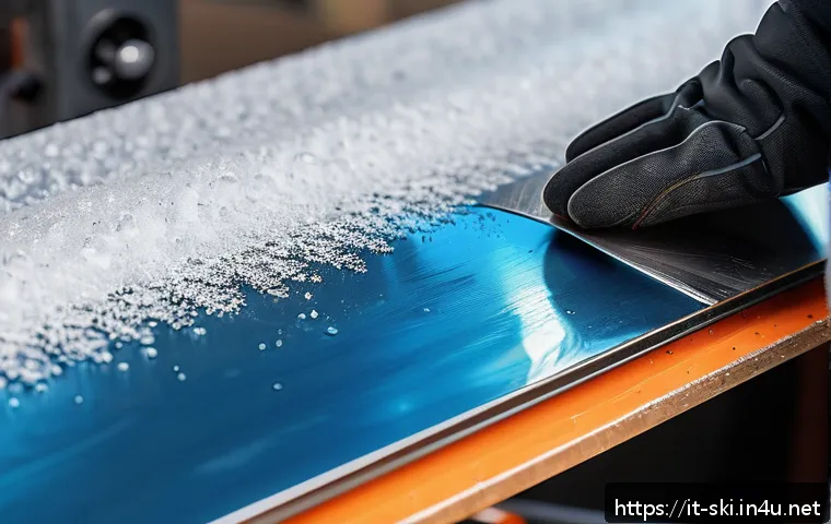 스노우보드 날 보호법 - A detailed close-up of a snowboard edge being carefully cleaned with a soft cloth and a specialized ...