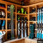 스키장비 정리 팁 - A well-organized ski equipment storage corner inside a cozy Italian home entrance, featuring dedicat...