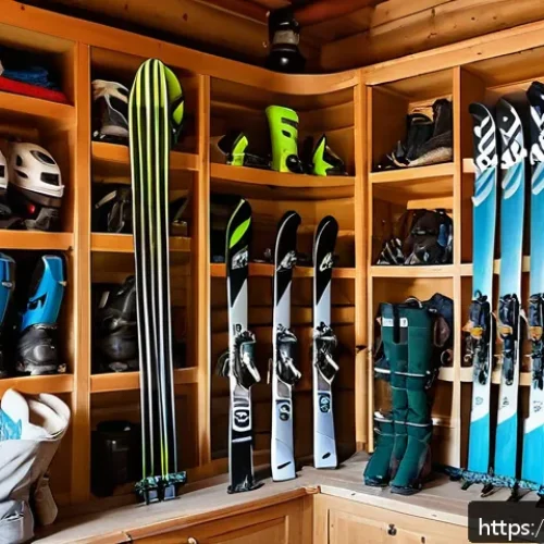 스키장비 정리 팁 - A well-organized ski equipment storage corner inside a cozy Italian home entrance, featuring dedicat...