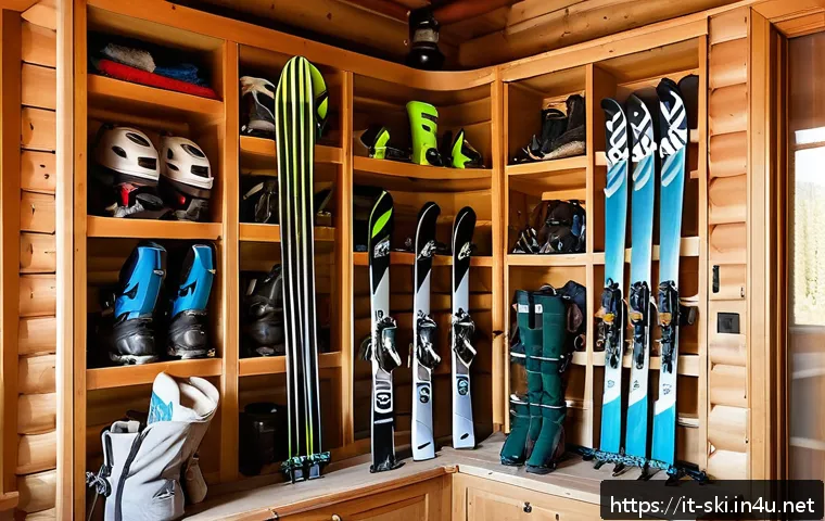 스키장비 정리 팁 - A well-organized ski equipment storage corner inside a cozy Italian home entrance, featuring dedicat...