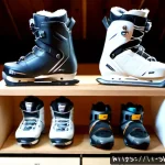 스노우보드 부츠 가격 비교 - Photorealistic winter sports boutique in the Italian Alps, a neatly arranged wall of premium snowboa...
