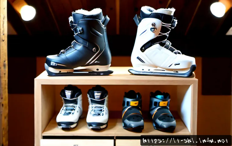 스노우보드 부츠 가격 비교 - Photorealistic winter sports boutique in the Italian Alps, a neatly arranged wall of premium snowboa...