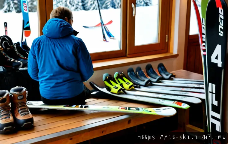 스키 중고 장비 구매 팁 - Photorealistic winter sports shop in the Italian Alps, an adult skier carefully inspecting a pair of...