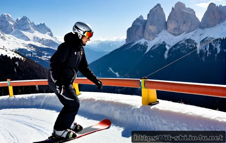스노우보드 레일 초보법 - Photorealistic beginner snowboard rail lesson at a sunny Italian Alpine ski resort, young adult ride...