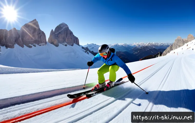 스키 속도 조절 방법 - Photorealistic action scene of an adult skier on a groomed Alpine piste in the Italian Dolomites, de...